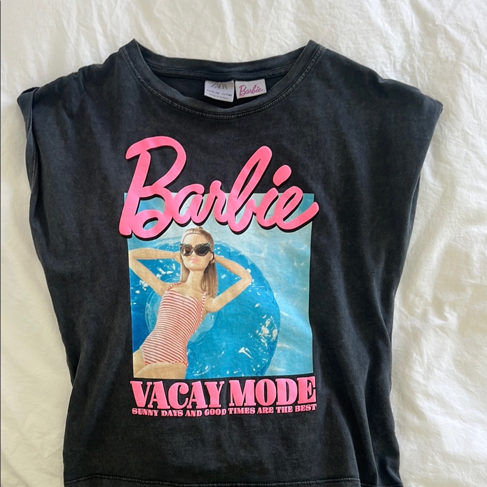 Zara Girls Black Barbie Tee with Pink and Blue Accents